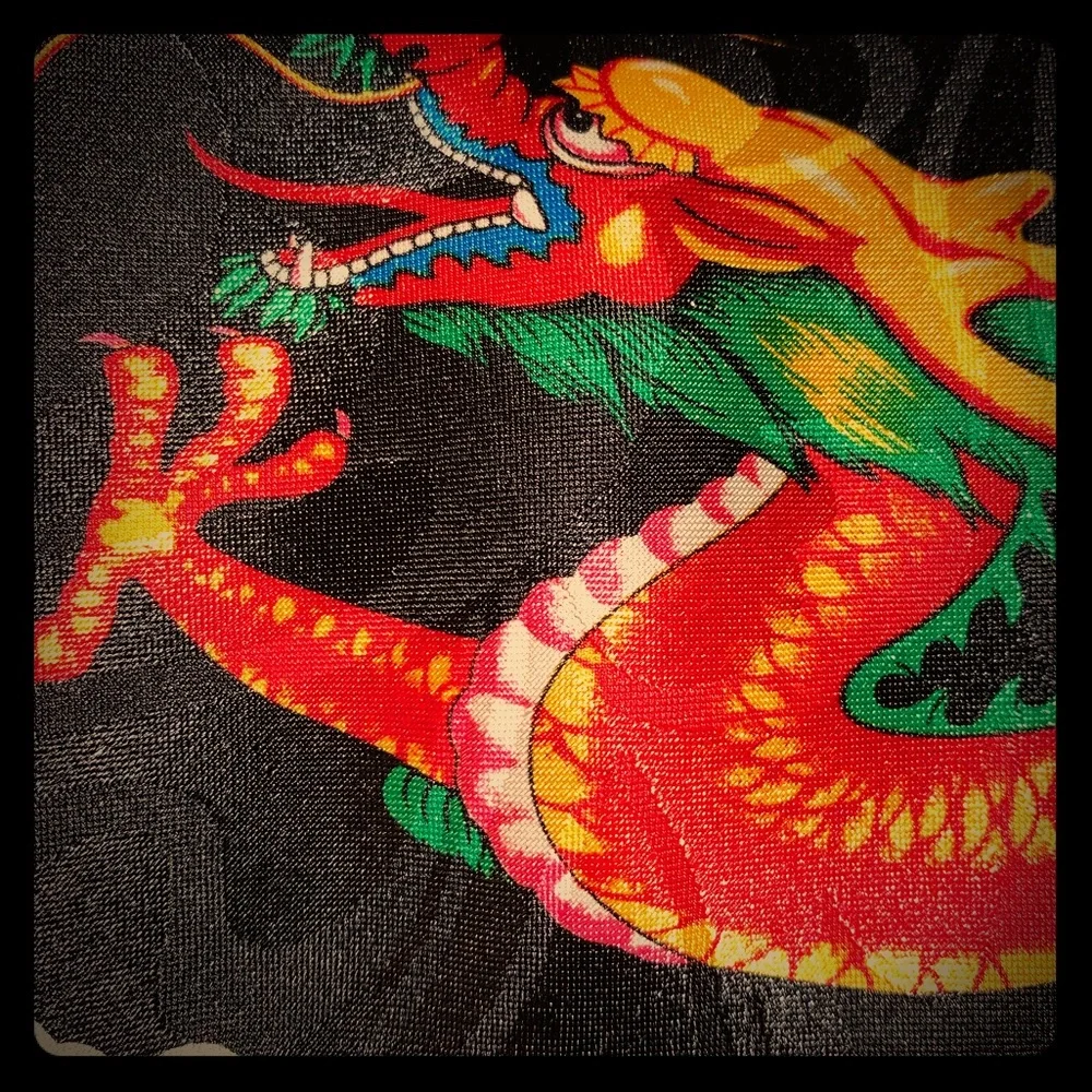 Vintage Gold City handmade silk tie dragon artwork black red EUC